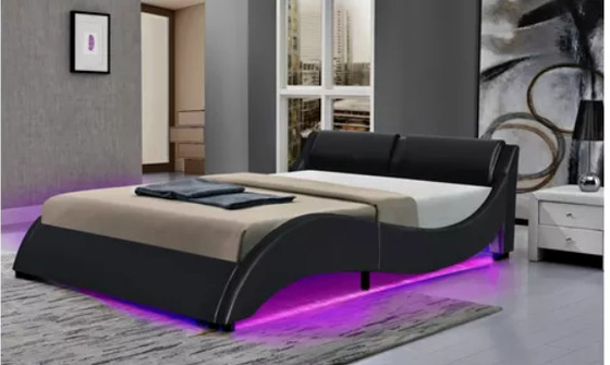 Cuadro de cama de plataforma tapizada con iluminación LED, diseño curvo