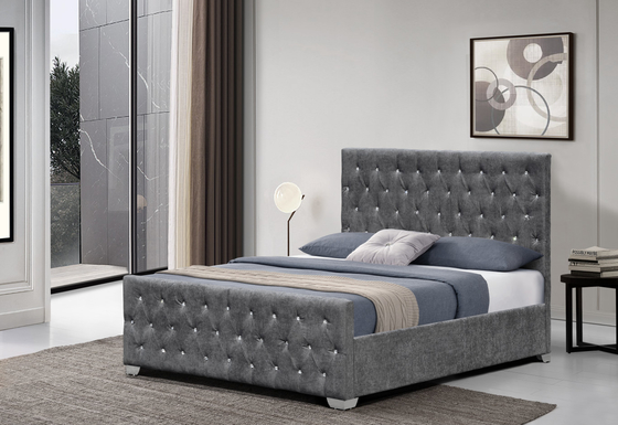 Estilo del cabecero de los botones lujosos del marco de Crystal Tufted Velvet Upholstered Bed alto