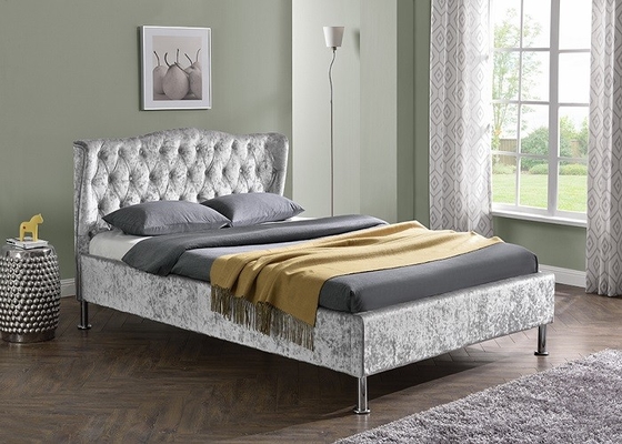 Marco tapizado tela de lino de la cama de plataforma con los botones Grey King Size ligero moderno