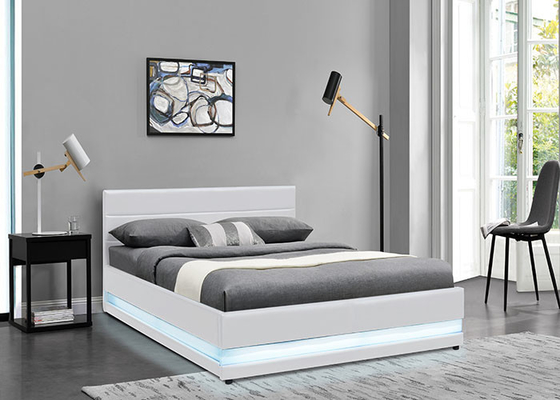 De cuero blanco el almacenamiento de la elevación de gas cama la tela moderna tapizada con la luz del LED