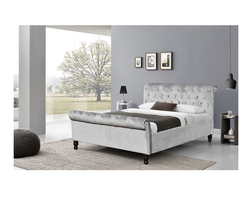 Marco de Grey Velvet King Size Bed de la tela con Crystal Buttons