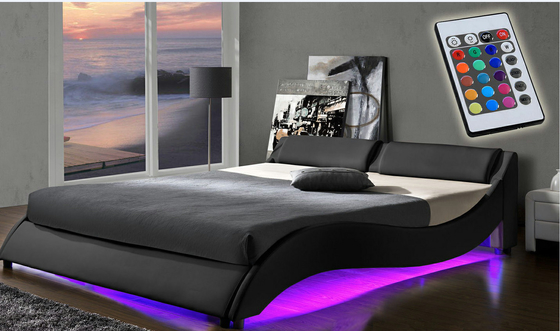 Cuero tapizado tamaño doble de la PU de la plataforma del marco de la cama de la luz de 2 LED