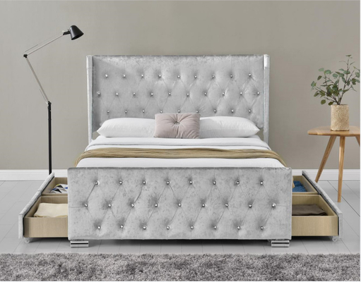 Rey Size Wood Sliver Grey Crushed Velvet With Headboard de la cama de Wing Back Ottoman Tufted Storage