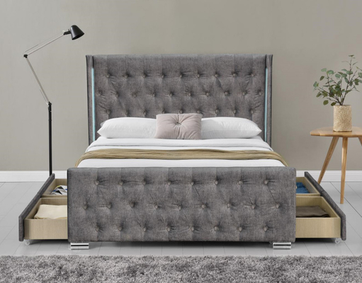 Rey Size Wood Sliver Grey Crushed Velvet With Headboard de la cama de Wing Back Ottoman Tufted Storage
