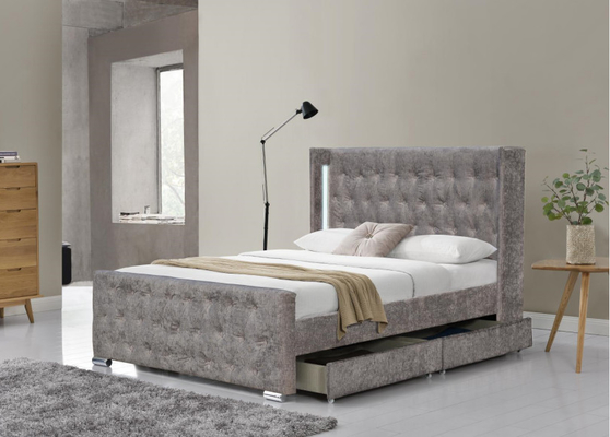 Rey Size Wood Sliver Grey Crushed Velvet With Headboard de la cama de Wing Back Ottoman Tufted Storage