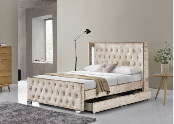 Rey Size Wood Sliver Grey Crushed Velvet With Headboard de la cama de Wing Back Ottoman Tufted Storage