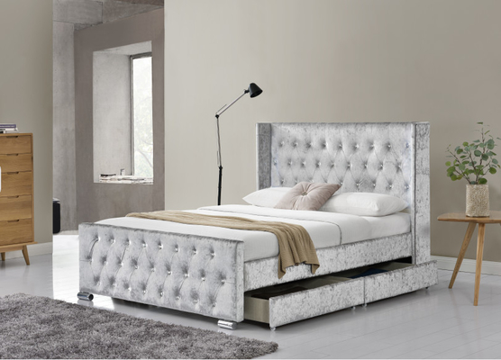 Rey Size Wood Sliver Grey Crushed Velvet With Headboard de la cama de Wing Back Ottoman Tufted Storage